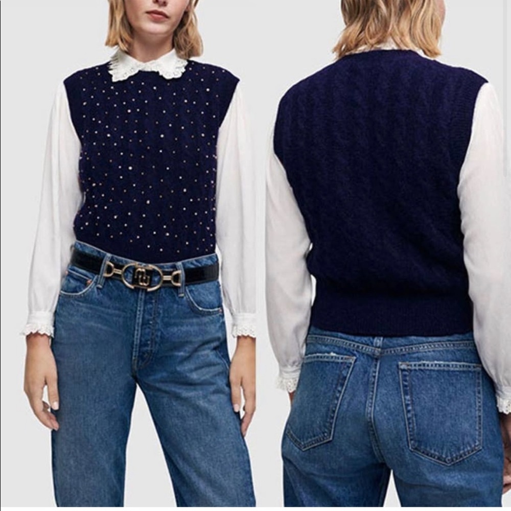 Maje Sweater Vest Sleeveless Cable Knit Jewel Medium Wool Marine Blue Maela